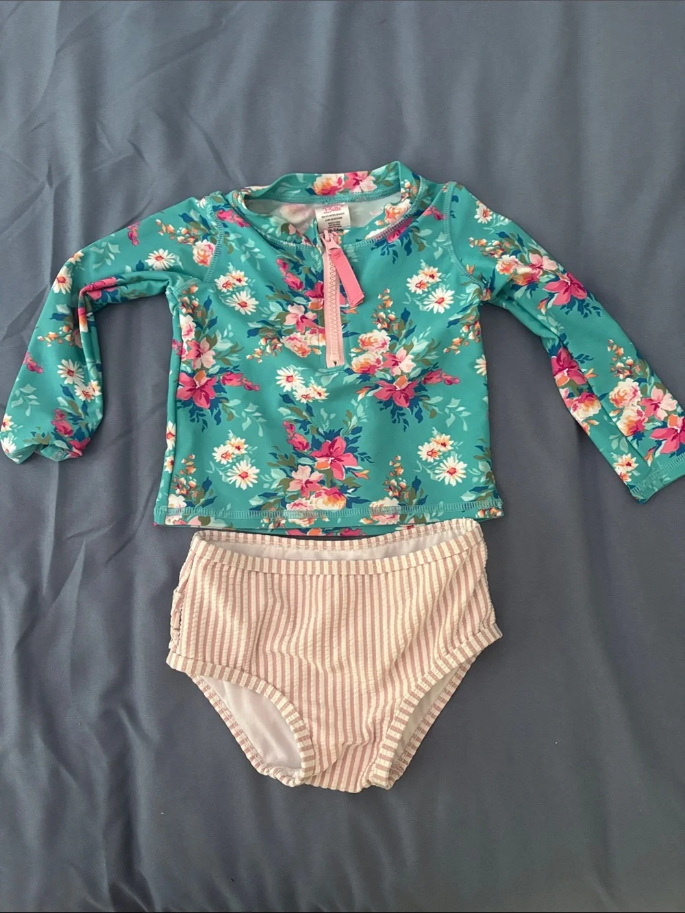 Ruffle Butts Teal Floral Rashguard with Pink-Striped Bottoms